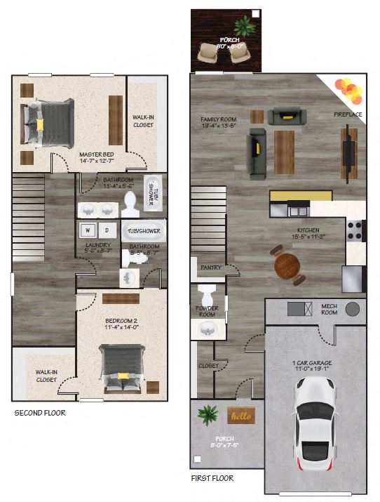 Floor plan for 2 beds, 2.5 baths, 1500 sqft
